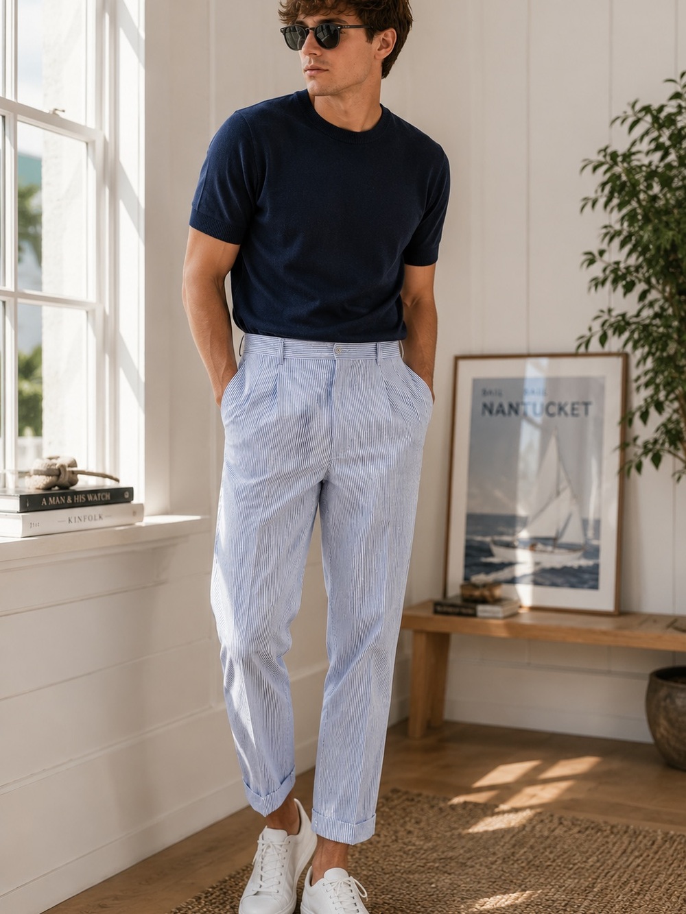 VTG Tommy Hilfiger Seersucker Pleated Pinstripe Trouser 38x32 Blue White Pants